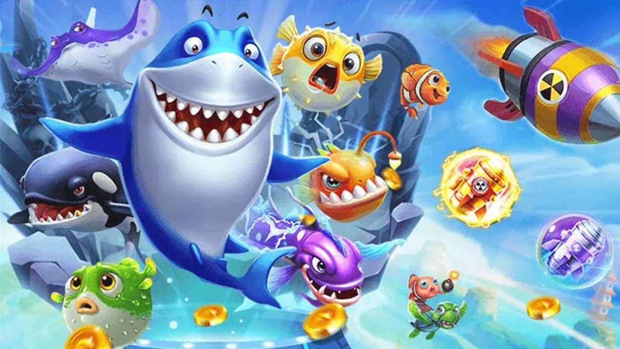 หน้าจอควบคุมปืนและเป้าหมายในเกมยิงปลา